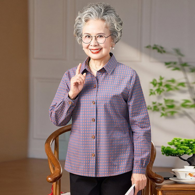 Primavera novo estilo de meia-idade idosos avó roupas 60 a 70 anos de idade camisa xadrez de algodão puro, lapela Cardig
