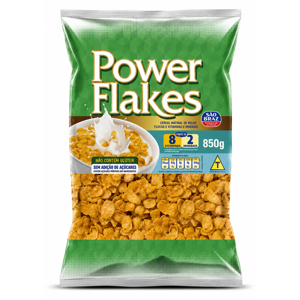 Cereal Matinal Power Flakes 850g Natural Sem glúten Sem adição Açúcares - São Braz