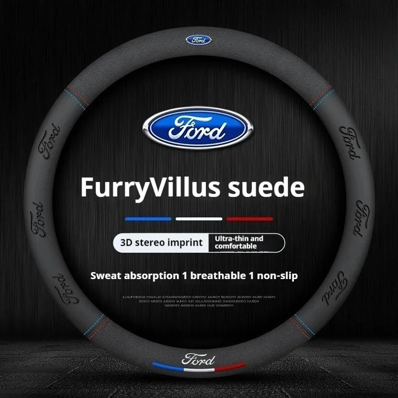 Carro Camurça 3D Coining Logotipo Antiderrapante Capa De Volante Para Ford Mondeo Focus Raptor Puma Edge Explorer F150 R