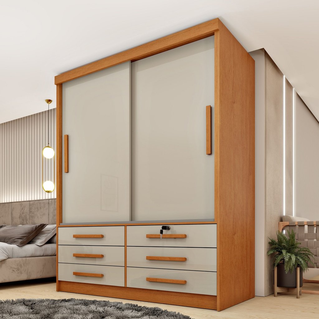 Guarda Roupa Solteiro 2 Portas 6 Gavetas 133cm Chicago Bege/Cinamomo/Off White Cinamomo/Off White