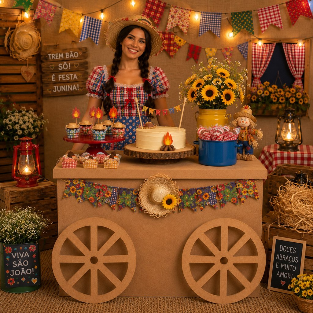 Mesa Decorativa Carroça com 2 Rodas para Festa Fazendinha