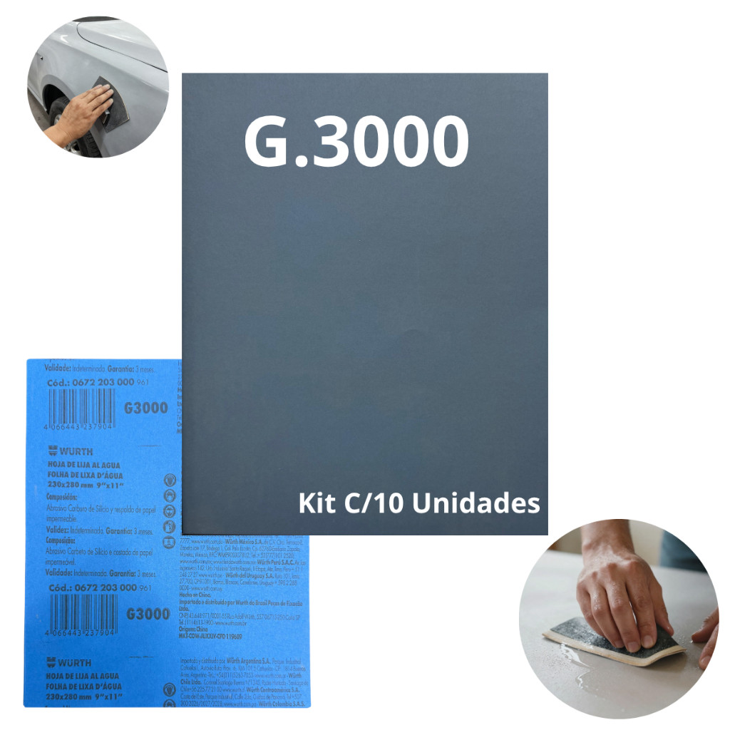 Lixa D'agua Polimento Wurth Grão 3000 - Kit com 10 Folhas Acabamento Automotivo