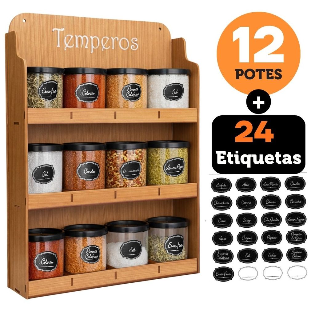Porta Temperos Grande Com 12 Potes E 24 Adesivos Suporte Parede Para Condimentos Especiarias Em MDF