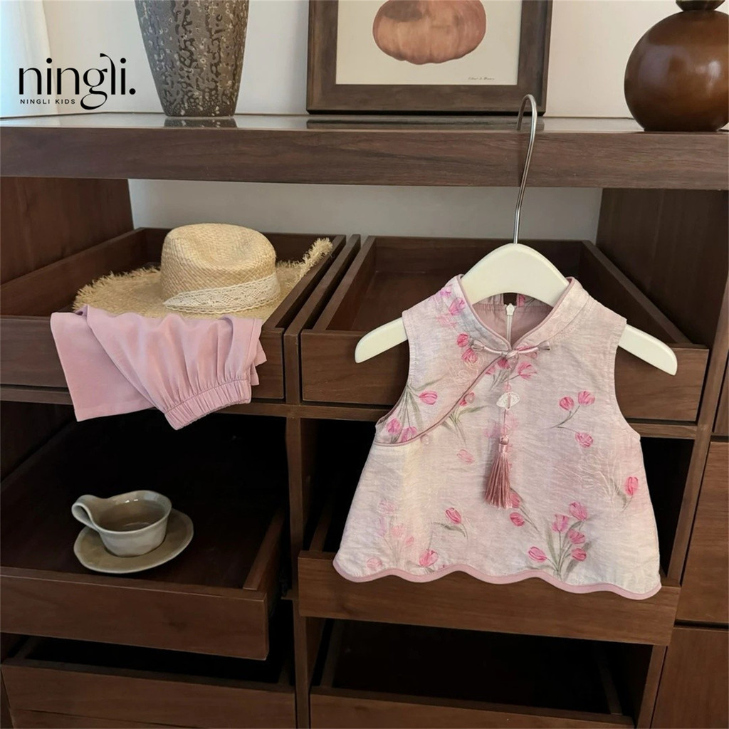 [Flor de pêssego bêbado!Bebê menina novo estilo chinês rosa Jacquard Cheongsam calças retas moda terno na moda