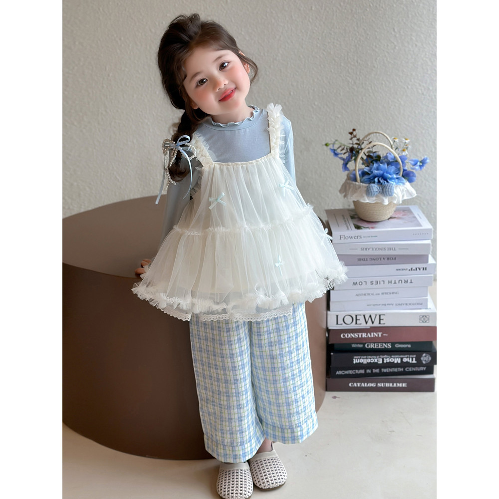 Meninas primavera estilo doce laço estilingue terno de duas peças bebê menina moda primavera novo estilo moda terno cria
