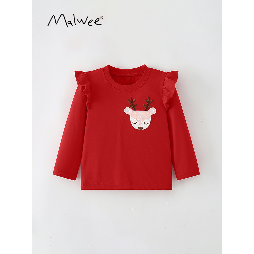 Meninas de manga comprida camiseta puro algodão primavera outono bebê menina topo vermelho estilo ocidental crianças fin
