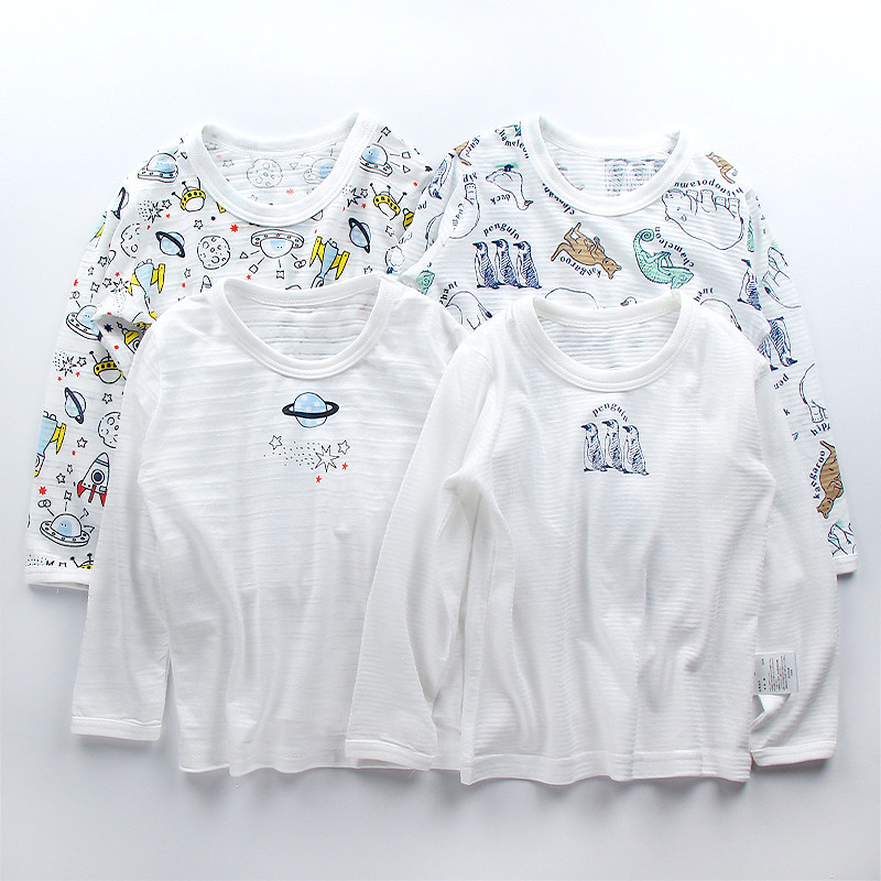 Meninos camiseta de manga comprida puro algodão estilo fino grande médio pequeno crianças roupas de ar condicionado topo