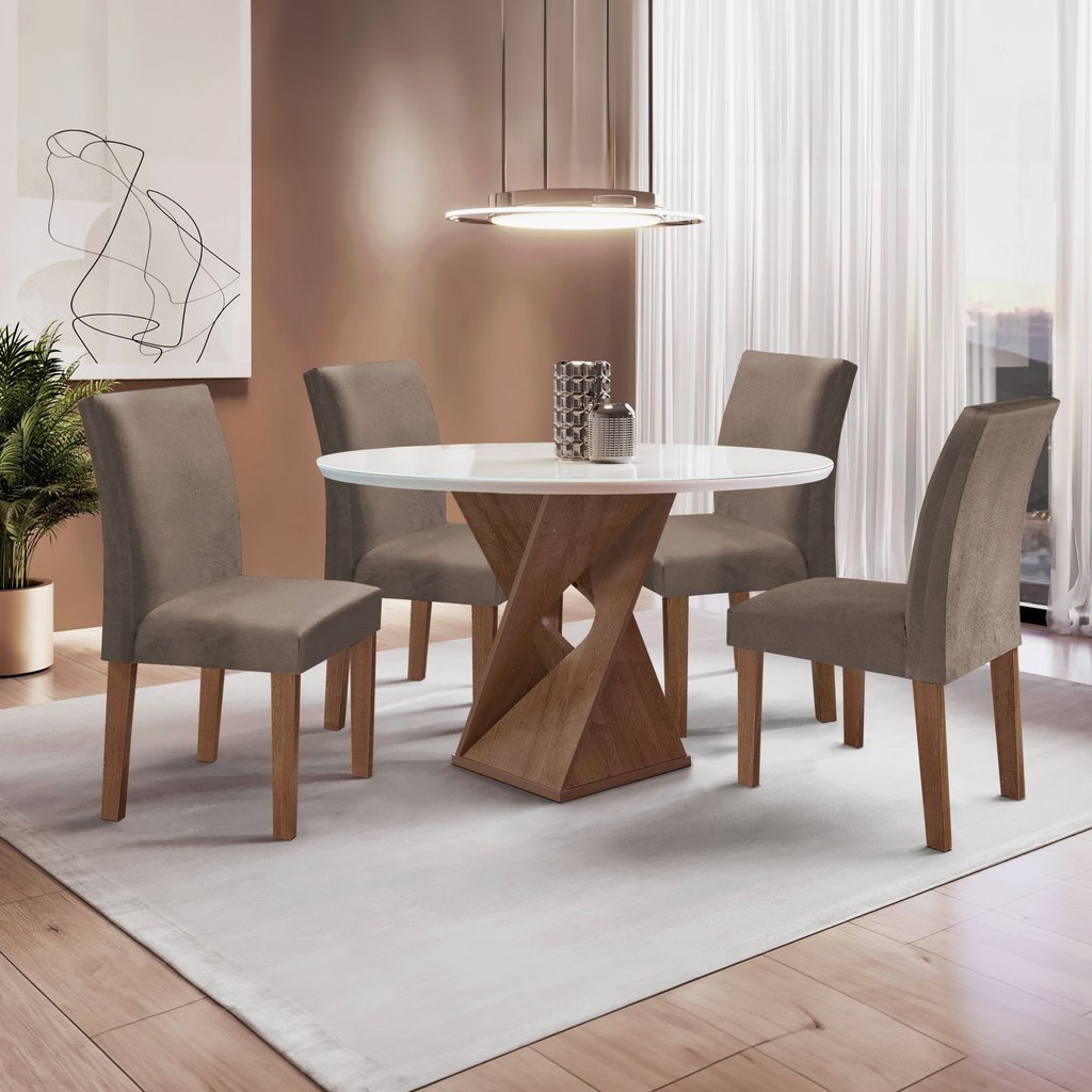 Conjunto Mesa Barcelona 100cm com 4 Cadeiras Espanha Tampo Slim Plus Redondo Vidro Yescasa Chocolate/Off White/Areia