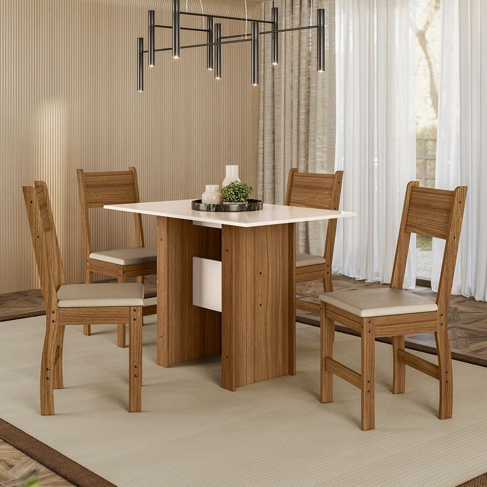 Conjunto Sala de Jantar Retangular Mesa Milano 108cm com 4 Cadeiras Bege/Carvalho/Off White