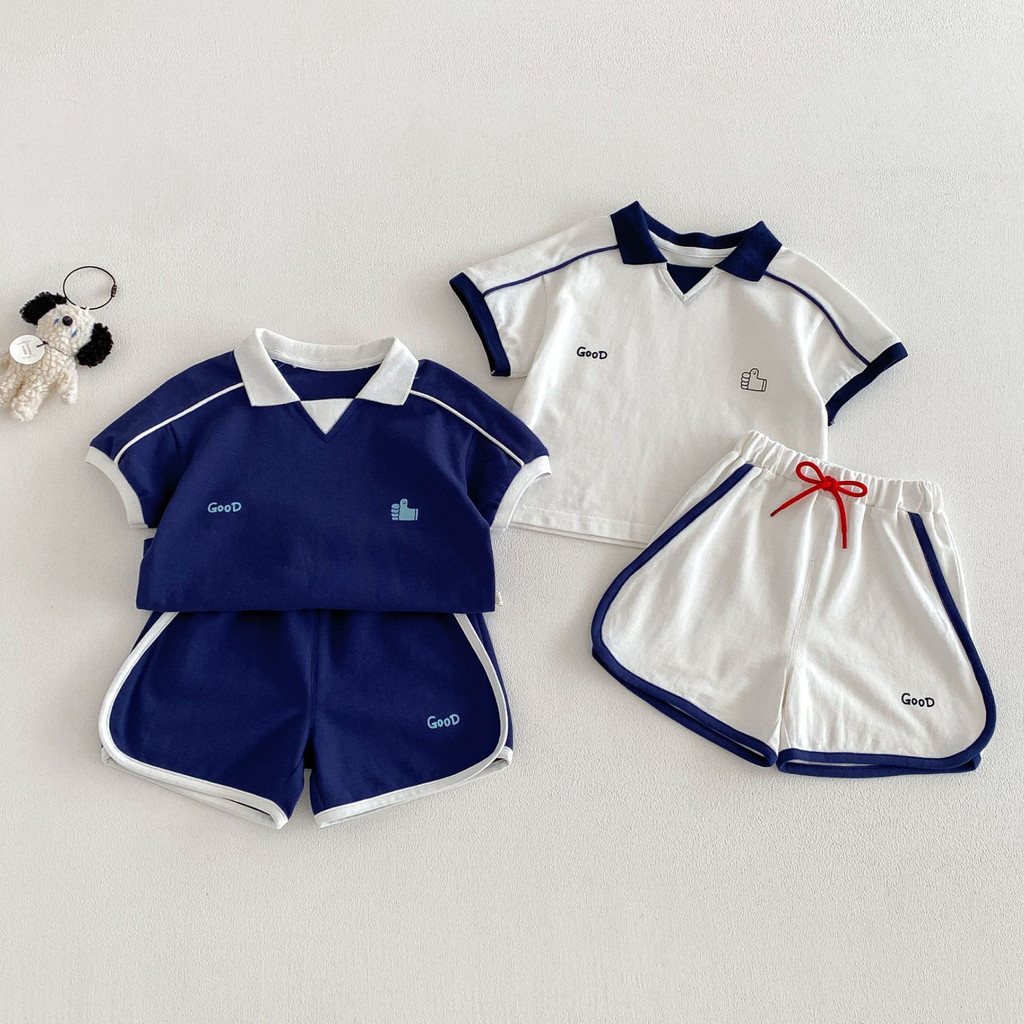 Bebê moda Polo camisa 2026 novo estilo verão menino versão coreana contraste cor carta camiseta crianças impresso Shorts
