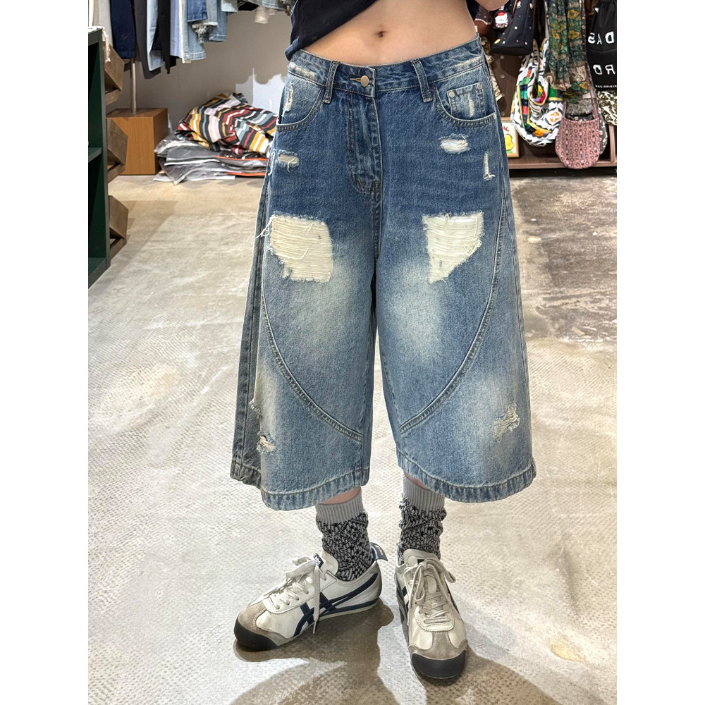 Tamanho grande Retro angustiado rasgado Denim calças cortadas mulheres verão High Street solto calças retas casuais Jean