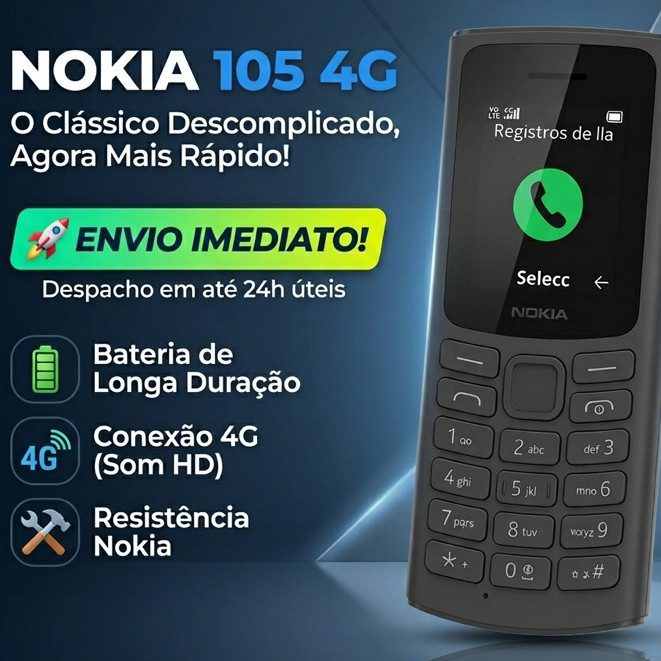 Celular Nok'a 105 Oficial Rede 4G Dual Chip Tela e Teclas Grande P/ Idosos