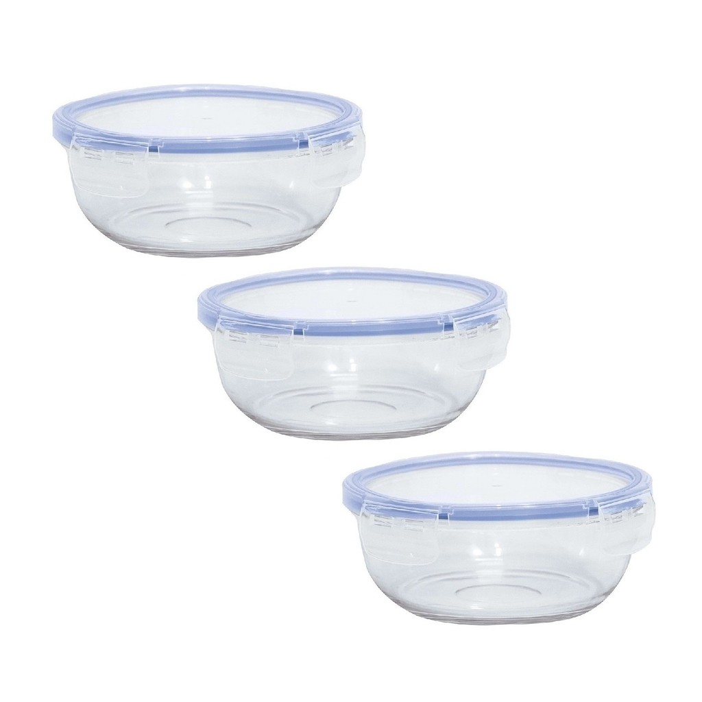 Jogo 3 Potes Vidro Marmita Fitness 880ml Bpa Free 4 Trava Refratário Antivazamento Vedação Micro-ondas Freezer Geladeira