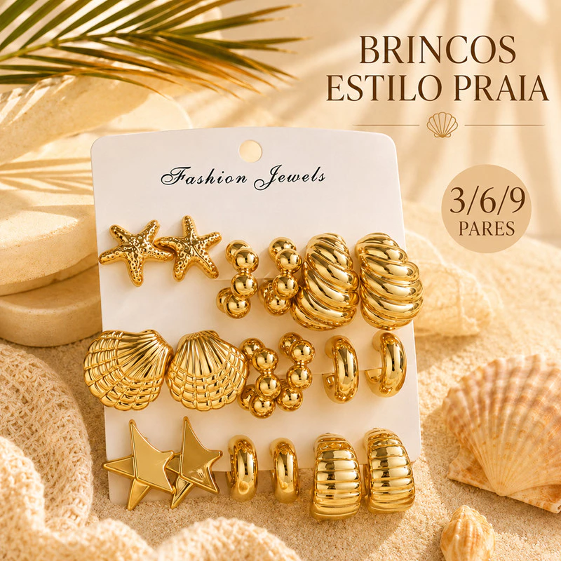 Kit Brincos Dourados Femininos 3 6 ou 9 Pares Argola Concha Estrela Moda Praia — imagem 1