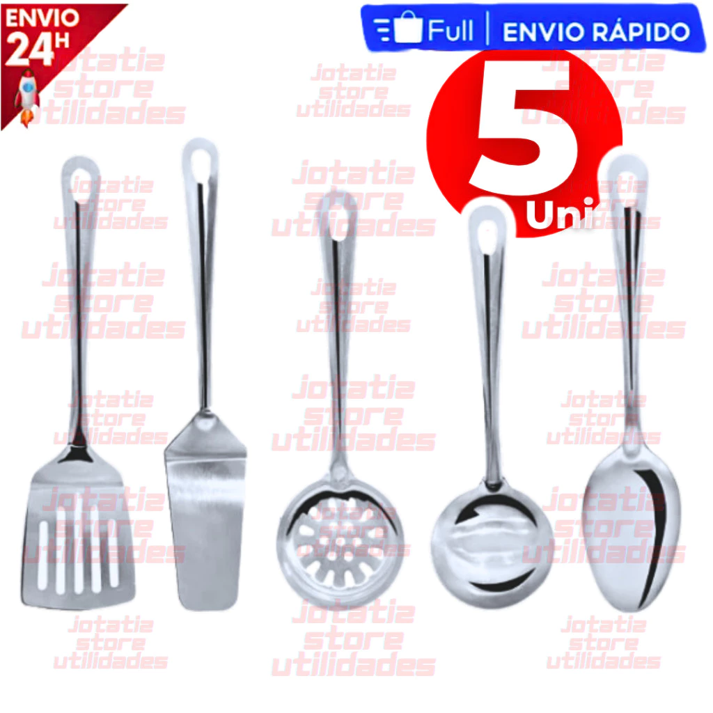 Kit 5 Utensílios De Cozinha Inox Concha Espátula Vazada Escumadeira Espátula Lisa Colher De Servir Arroz Casa Cozinha