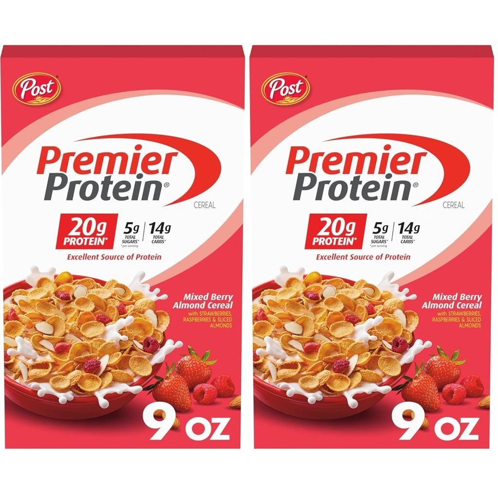 Post Premier Protein Mixed Berry Almond cereal, high protein cereal, protein-rich breakfast or snack made with real berr