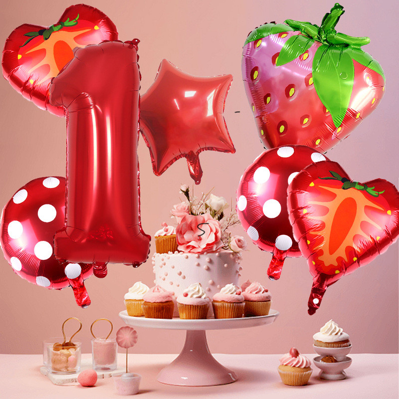 7 Balões 32pol Número Vermelho Morango Foil Kit Decoração Aniversário Criança