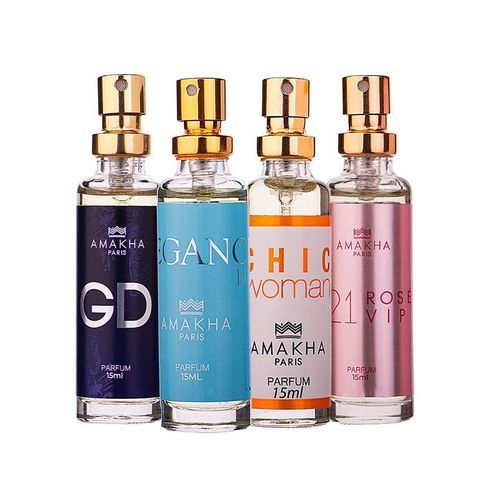 Kit Best Sellers Feminino 15ml: GD + Elegance Azul + Chic Woman + 521 Vip Rosé - Amakha Paris