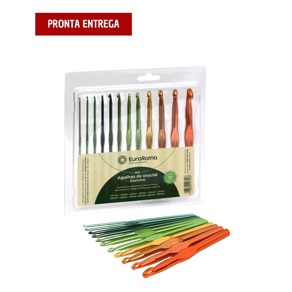 Kit com 12 Agulhas Em Alumínio para Crochê EuroRoma