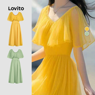 Lovito Férias Vestido Amarelo Com Babados E Drapeado Diário Viagens Primavera/verão Para Mulheres LK3AD234
