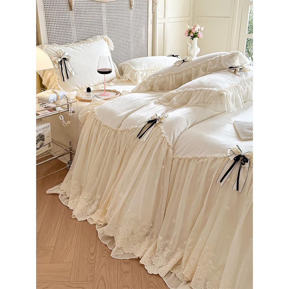 Conjunto de quatro peças de lã de leite estilo princesa francesa 2023 novo estilo inverno engrossado Coral velo colcha c