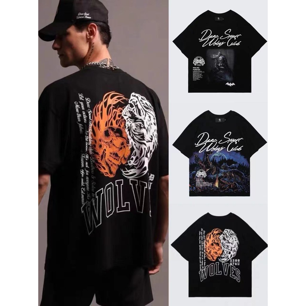 Cabeça de lobo de manga curta grande Lang irmão mesmo estilo Fitness musculação esportes lazer puro algodão solto camise