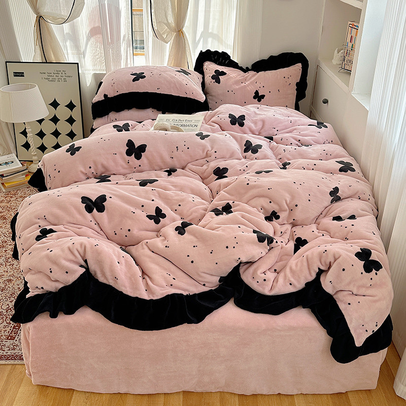 Versão coreana ins estilo princesa leite veludo conjunto de quatro peças inverno engrossado flanela Coral veludo renda c