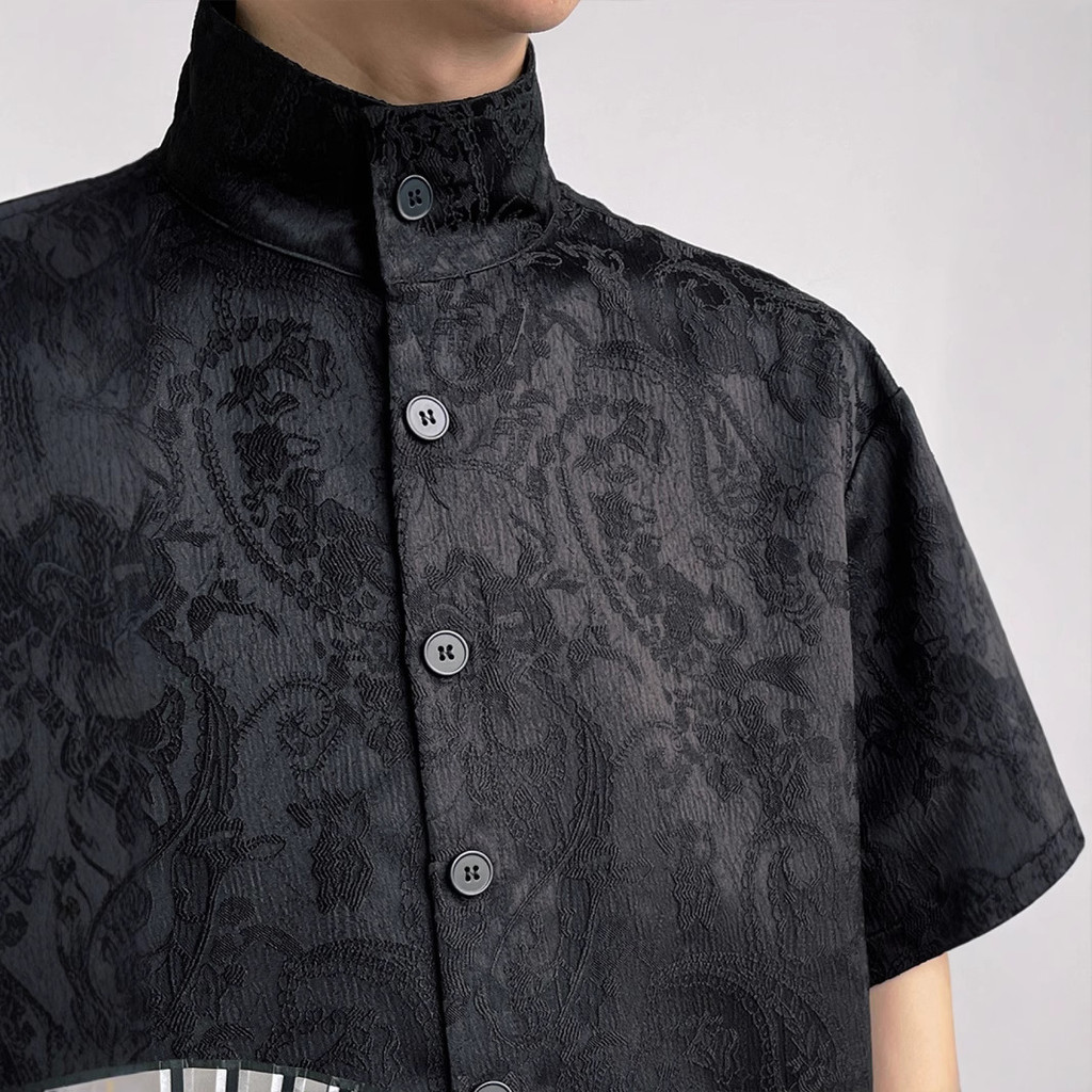 Camisa masculina de gola alta, estilo chinês, com manga curta ou manga três-quartos, bordada com padrão paisley, preta, — imagem 2 de 2