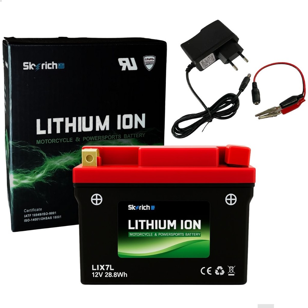 Kit Bateria Lítio Skyrich Lix7 12v 120 CCA 7ah Para Moto Uso Universal + Carregador De litio