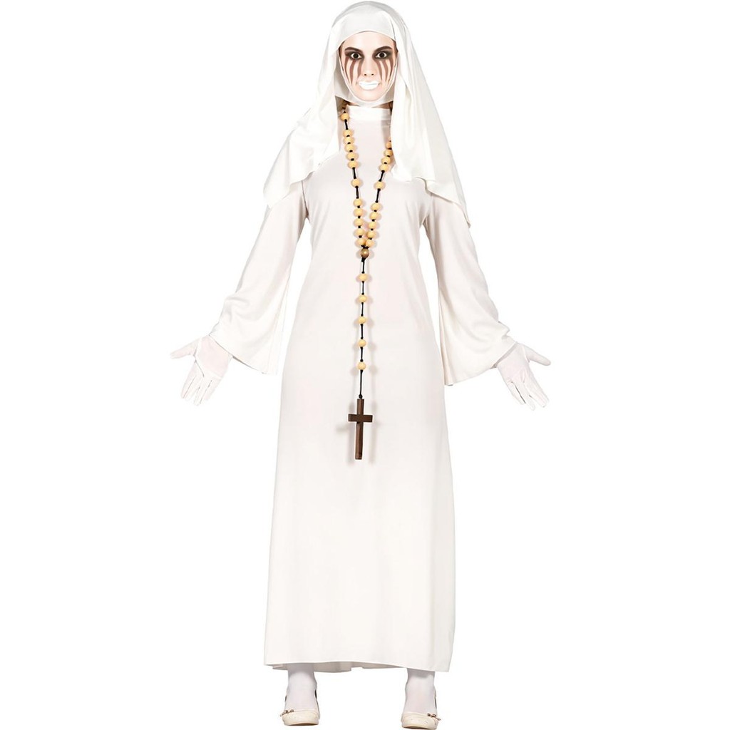 Fantasia Padre Feminina Adulta de Halloween Roupa de Freira Branca Fantasma Vestido Longo Com Véu Medieval