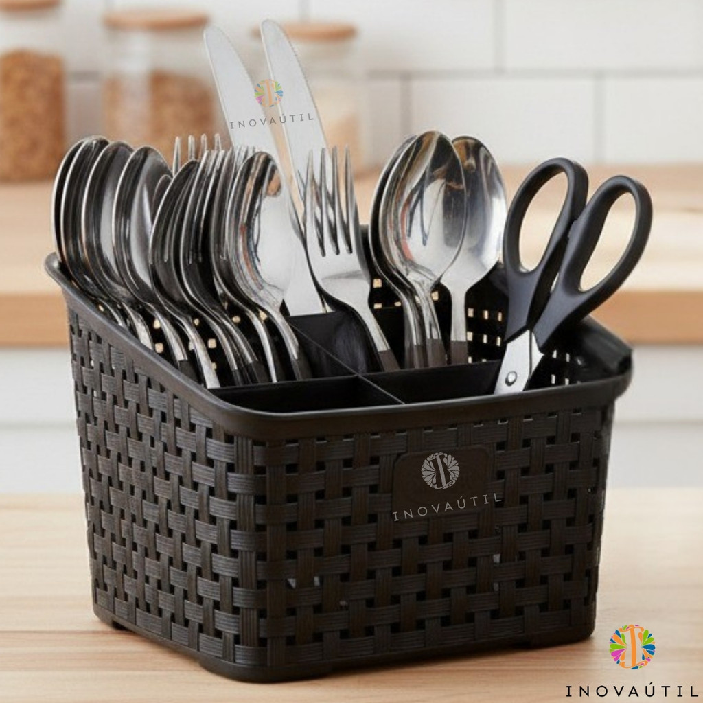 Escorredor Porta Talher e Utensílios Rattan Preto Com 6 Divisórias Organizador de Cozinha Multi-Uso