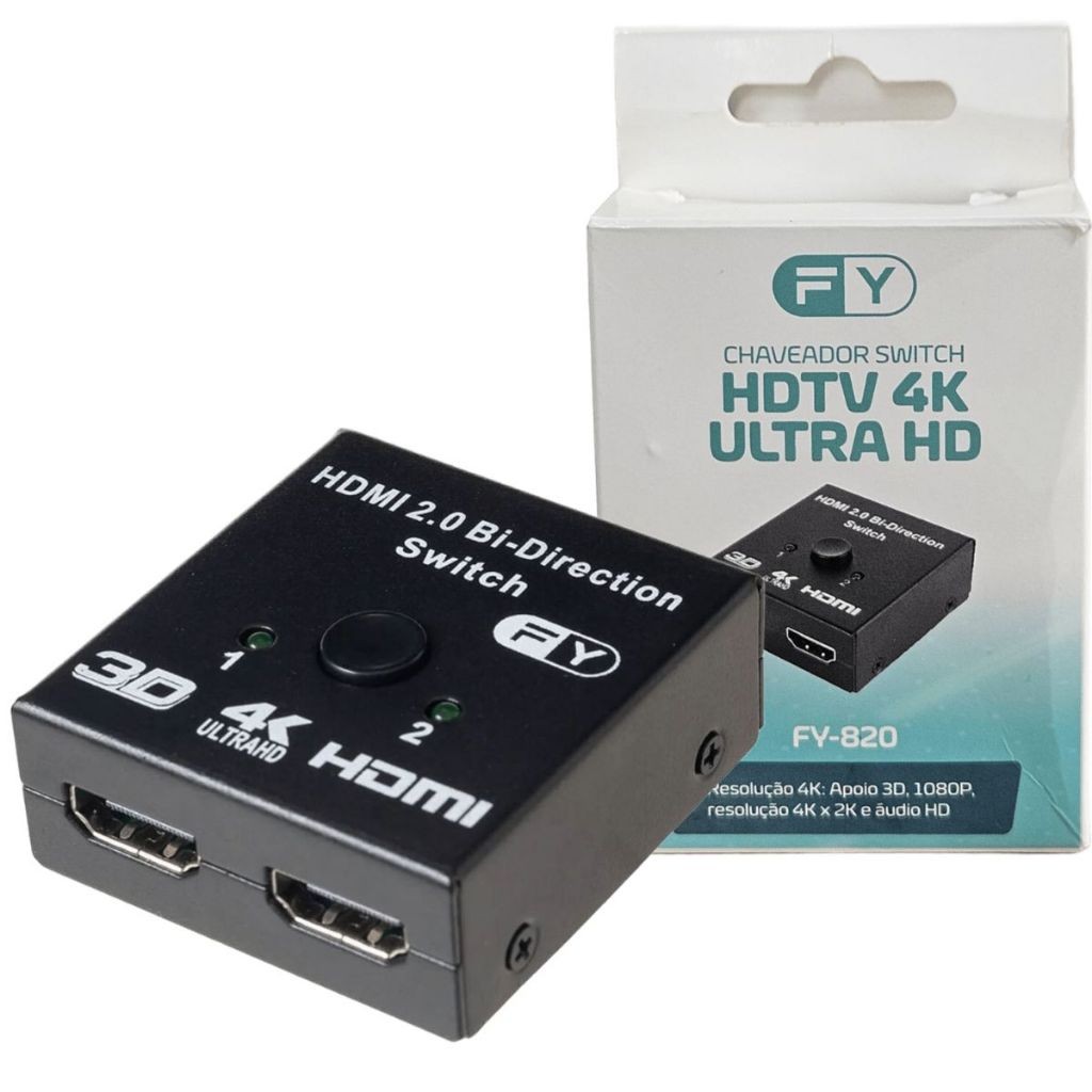 Chaveador Switch Splitter HDMI 2.0 4K 30HZ 2x1 & 1x2 Hub Bi-Direcional - FY-820.