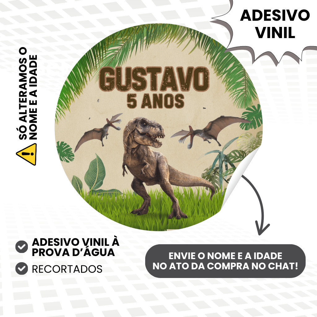Adesivo Vinil 4x4cm Personalizado Dinossauro para Lembrancinhas de Aniversário Infantil