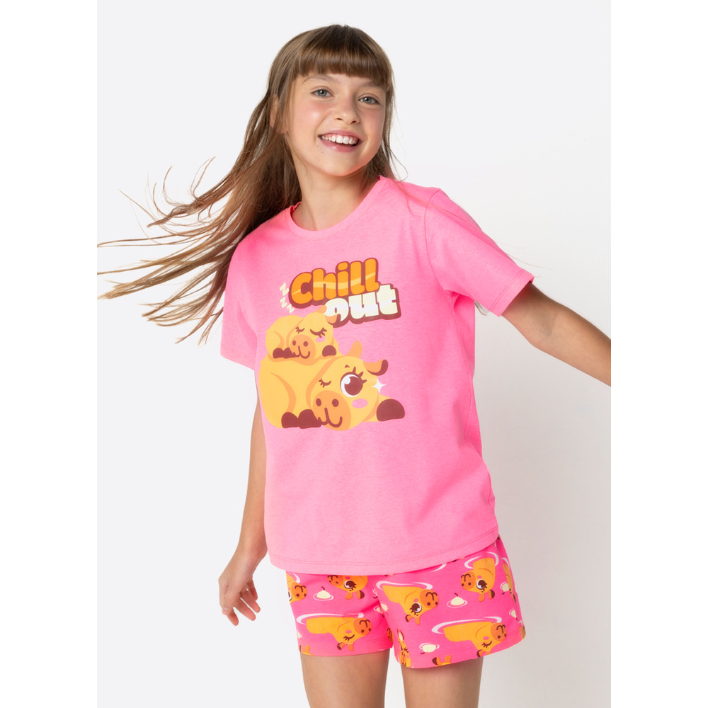 Pijama Infantil Menina Camiseta e Shorts Rosa Verão Estampa Capivara Vibes Puket em Oferta na Shopee