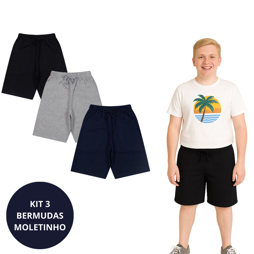 Kit 3 Shorts Menino Moletinho Tamanho 10 ao 16 Juvenil Bermuda Conforto