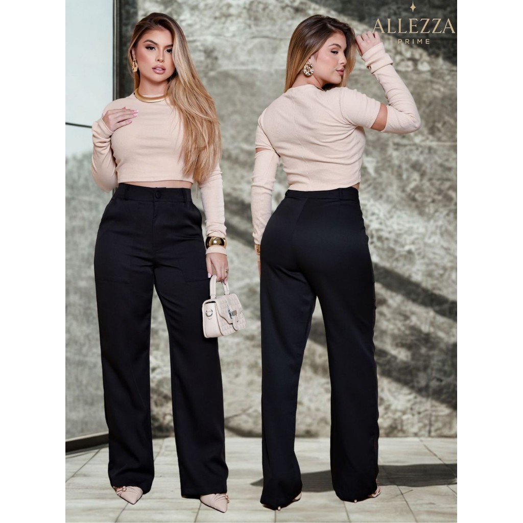 Calça Alfaiataria Feminina Pantalona Wide Leg – Cintura Alta com Bolsos | Casual e Elegante em Oferta na Shopee