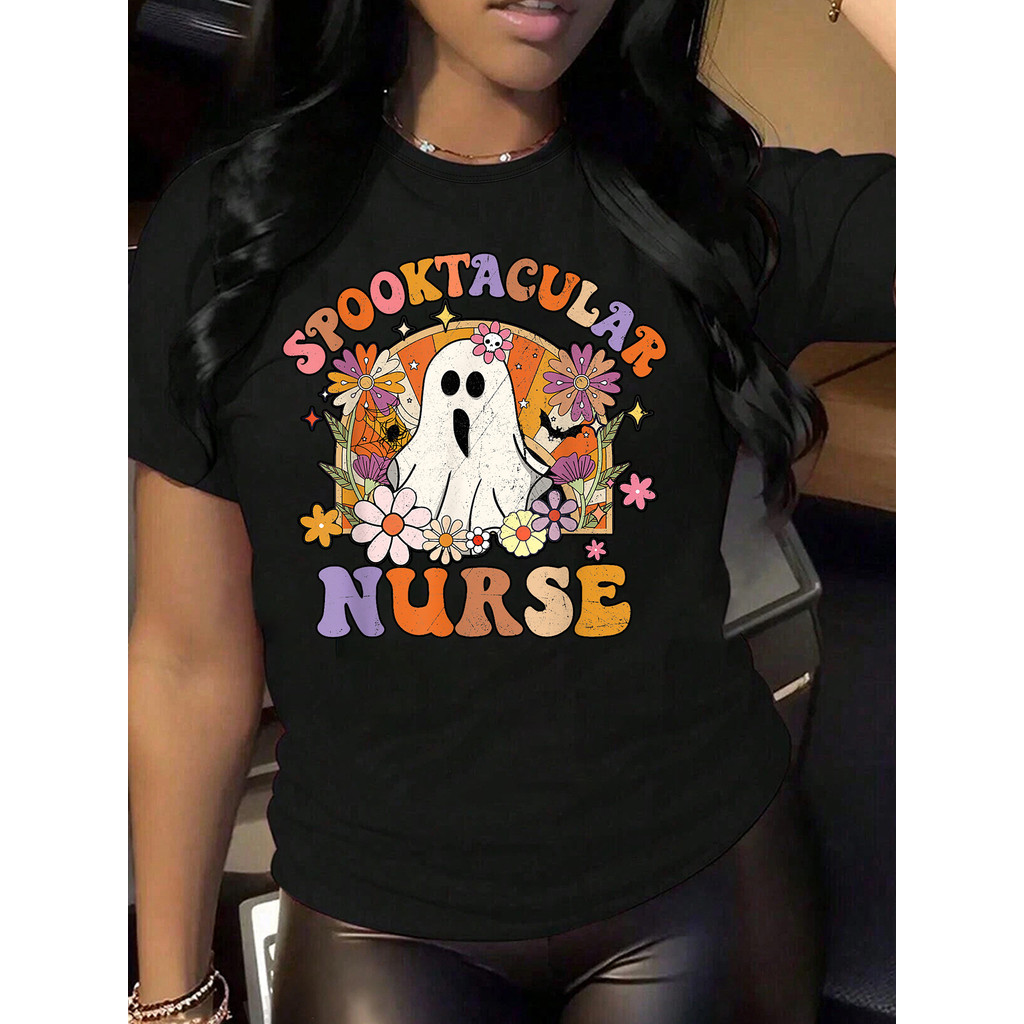 Bonito Camiseta Casual De Algodão Femininas De Halloween, Estampa "Spooktacular Nurse" Com Fantasma E Flores