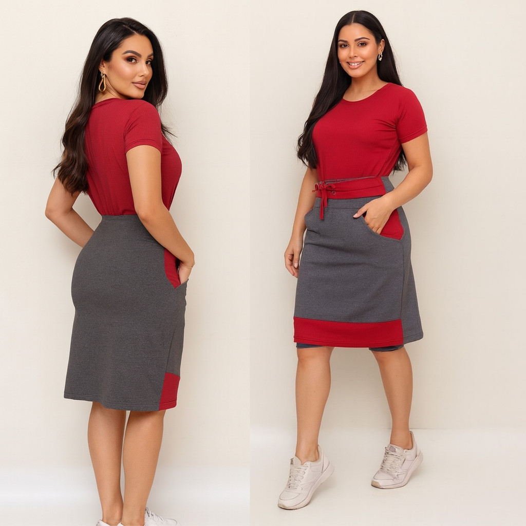 Conjunto Short Saia Moda Fitness Cristã Modelo Reto com Cinto