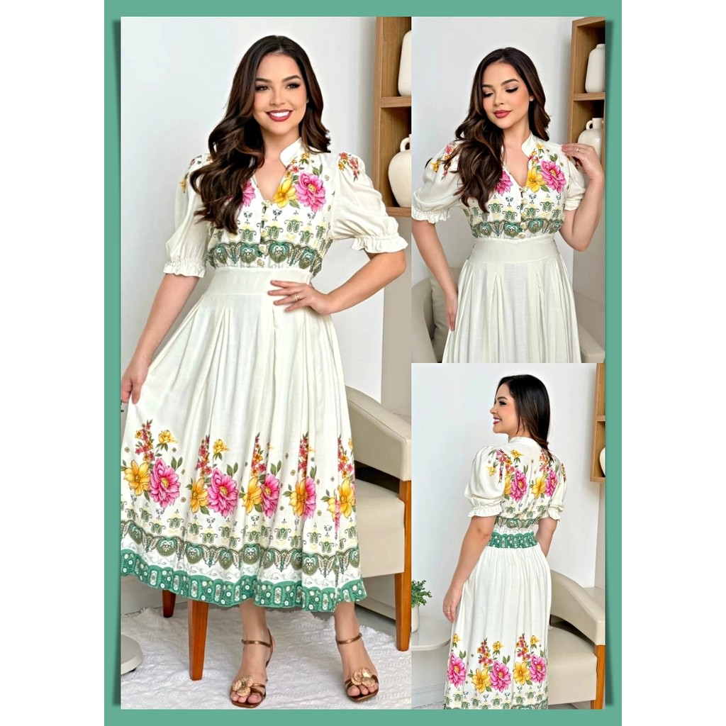Vestido Moda Evangélica Barrado Lastex Estampado Floral Botões
