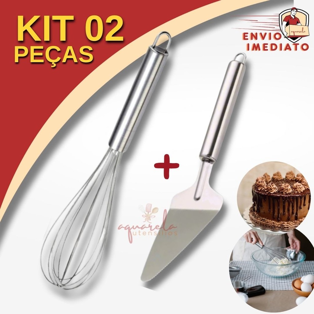 Conjunto 01 Fouet Batedor de Ovos Inox + 01 Espátula Aço Inox para Bolo Pudim Torta