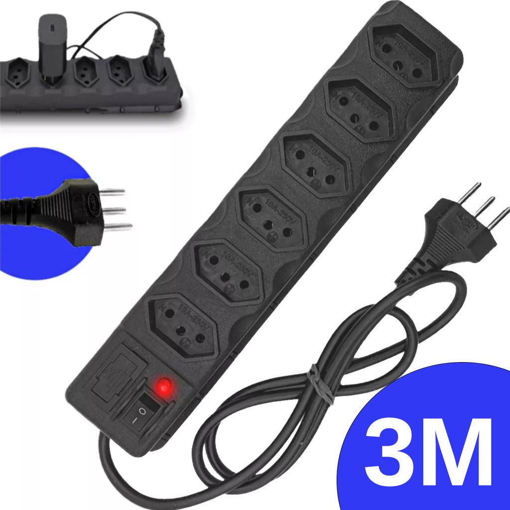 Régua Extensão Elétrica 6 Tomadas Filtro Linha 10a Cabo 3 Metros bivolt em Oferta na Shopee