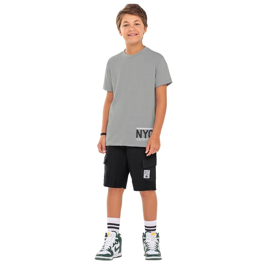 Conjunto Menino Juvenil And.Go Camiseta Algodão c/Estampa Relevo e Bermuda Moletinho - PRETO