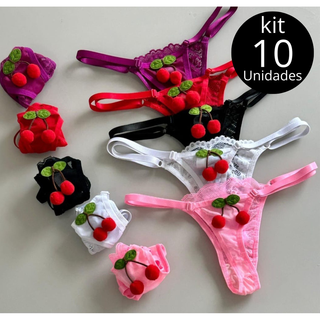 Kit 10 Tanga Cerejinha Com Regulagem Calcinha Cereja