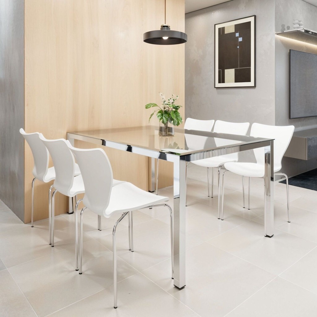 Conjunto Sala de Jantar 6 Lugares Retangular Tampo de Vidro 160X85cm Mesa Smart com Cadeiras Mono Branco/Cromado