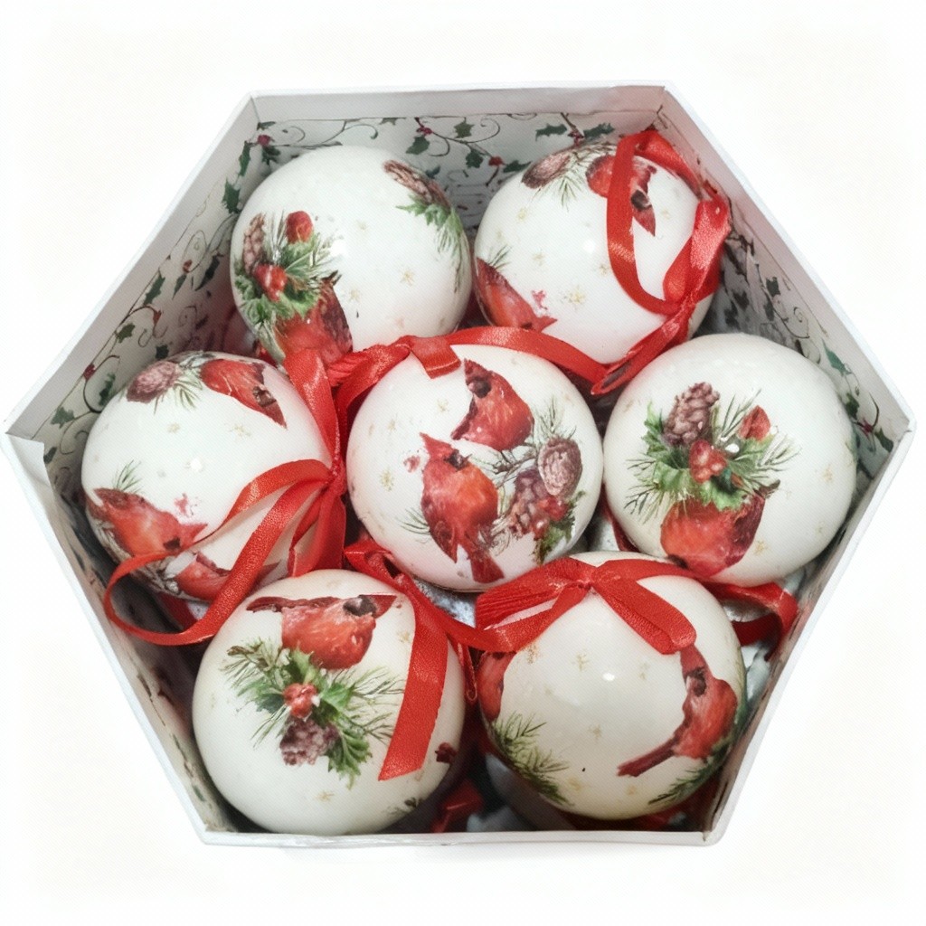 Caixa com 14 Bolas Natalinas – Tema Merry Christmas Pássaros