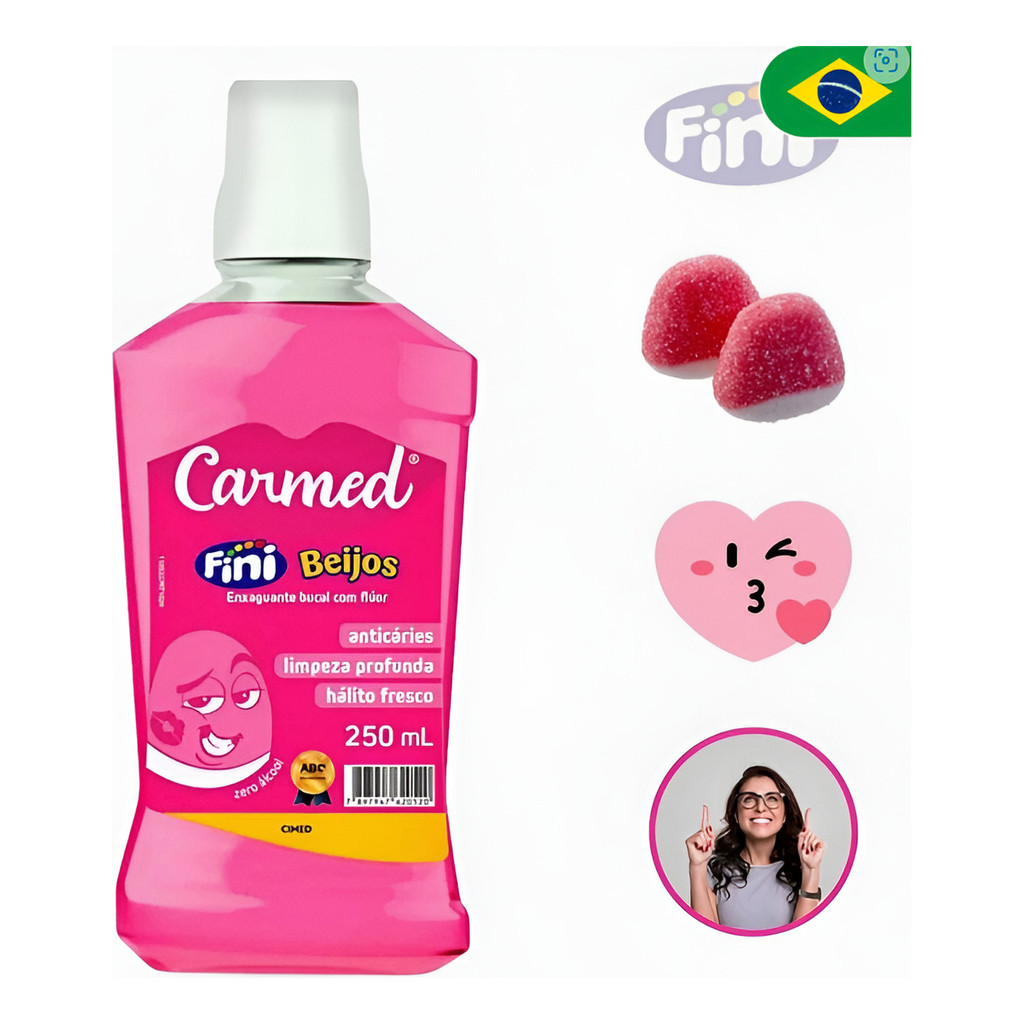 Enxaguante Bucal Carmed Fini Beijos 250ml | Hálito com Cheirinho de Bala - Zero Álcool e Com Flúor