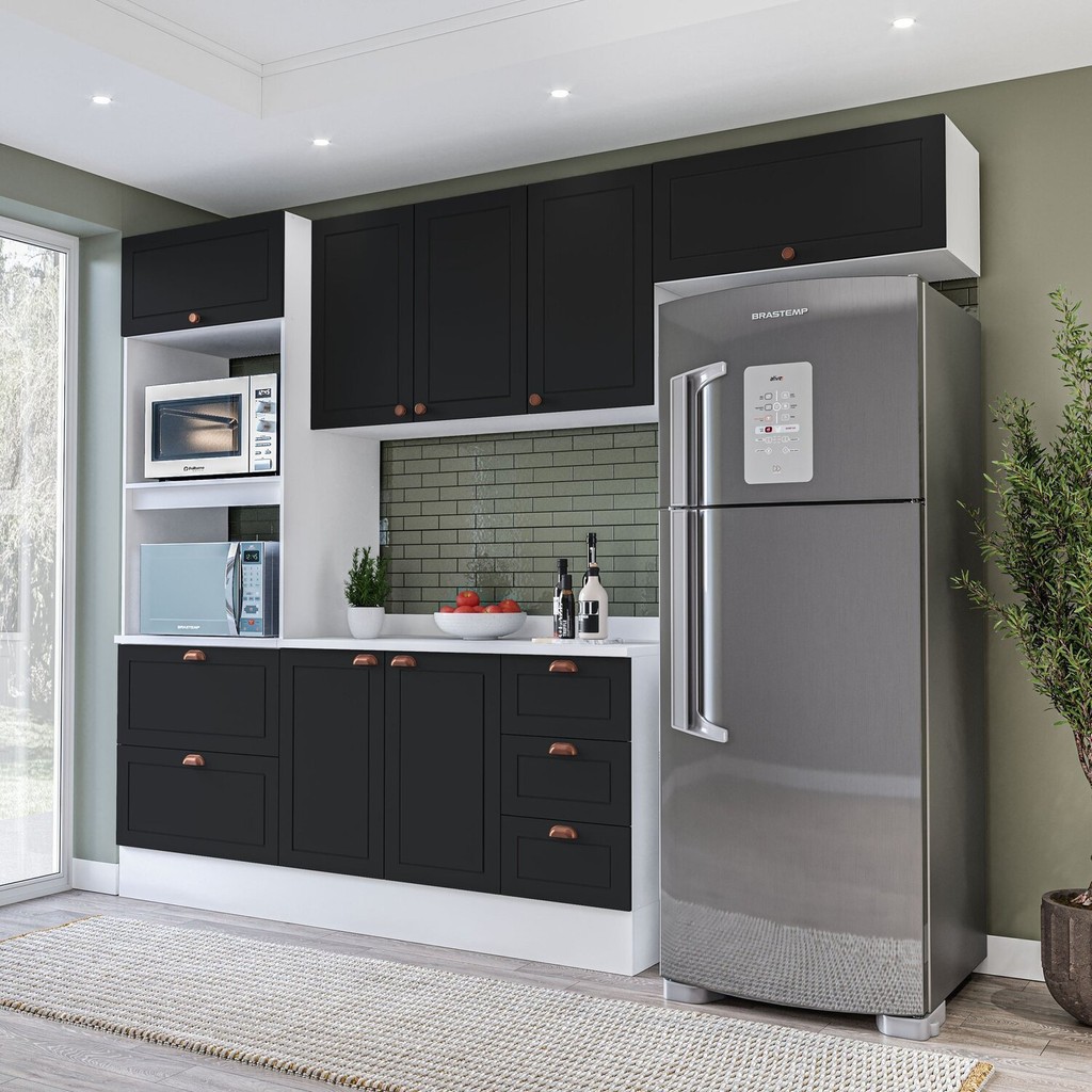 Cozinha Pérola 4 Peças Torre Quente Aéreo 3 Portas e Balcão 2 Gavetas 3 Portas com Tampo Branco/Preto em Oferta na Shopee