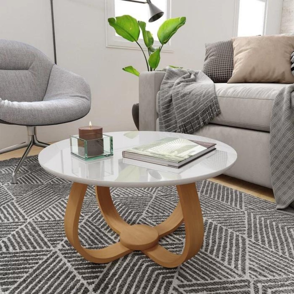 Mesa de Centro Redonda 100% MDF 50cm Rubi Branco Off White/Mel