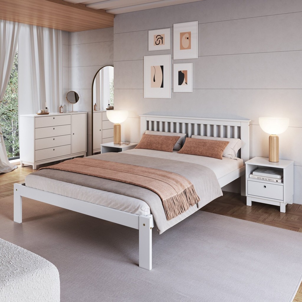 Cama de Casal Júlia de Madeira Maciça com Lastro Branco em Oferta na Shopee