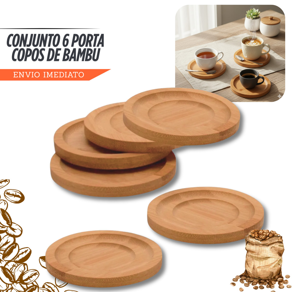Kit Porta Copos Descanso Redondo Pires Xicara Bambu 6 Unid.